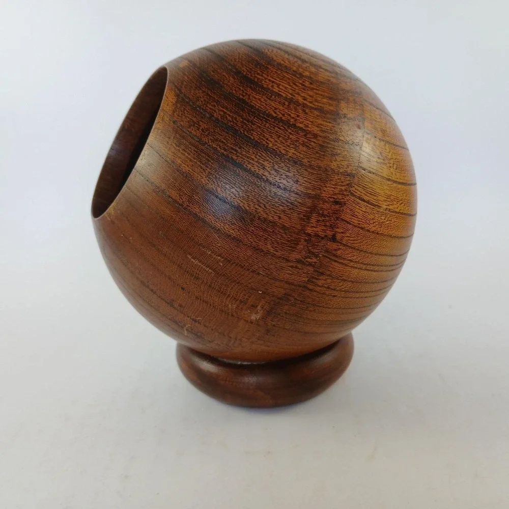 MCM Vtg Enesco Wooden Orb Nut Bowl Serving Dish Pencil Holder Made In Japan READ